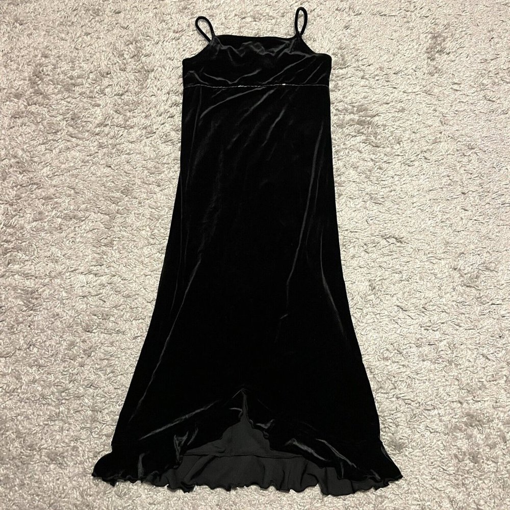 Limited Too Black Velvet Velour Beaded Ruffle Hem Y2K Midi Dress Womens sz 6
